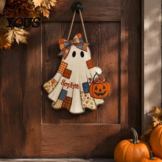 Seasonal Wall Hanging for Parties Halloween Wooden Patchwork Ghost Pendant, Vintage Autumn Harvest Sign, Cute Farmhouse Style Ornaments