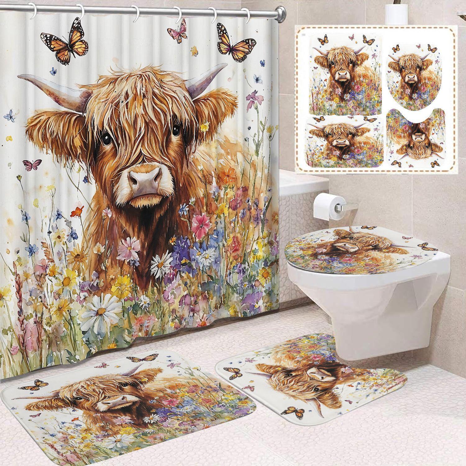 

Cute Highland Cattle Printed Shower Curtain Waterproof Durable Polyester Bath Curtain For Home New Year Christmas Bathroom Decor W60H190(CM)-1 Pcs
