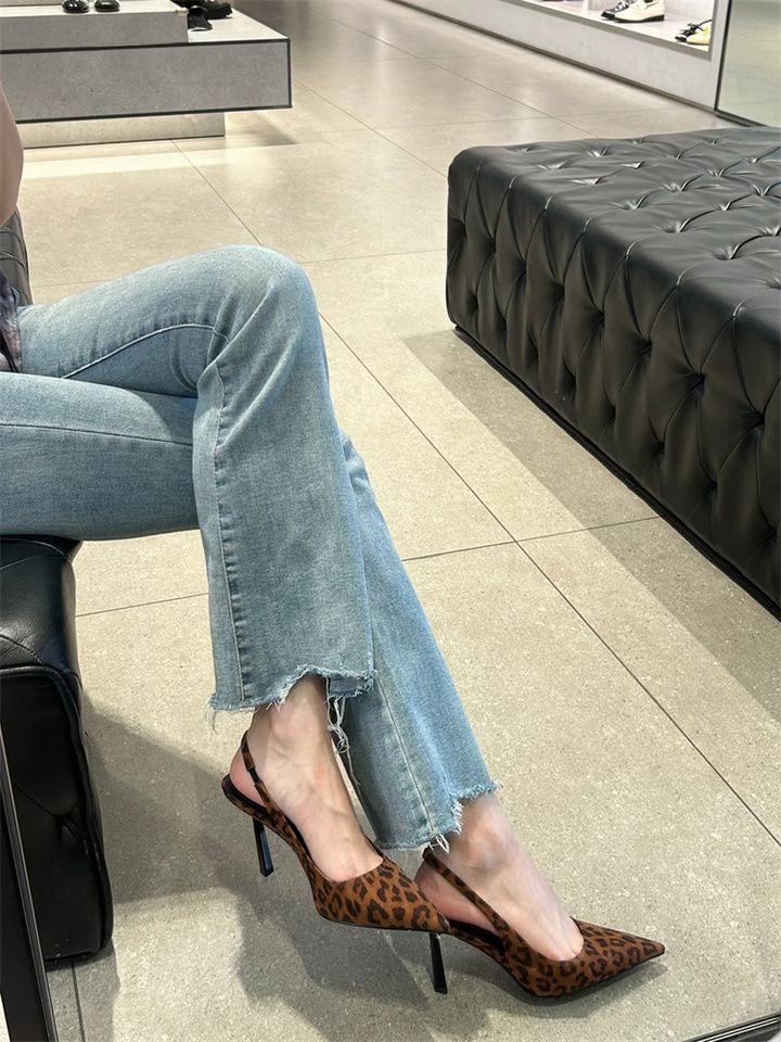 Yaz Çanta Başlı Sandaletler Seksi Kraliyet Kız Kardeşi Tarzı Leopar Desenli Yüksek Topuklu Kadın İnce Topuk Mizaç Yorgun Ayaklar İnce Topuk Sivri Burun Kadın Ayakkabısı