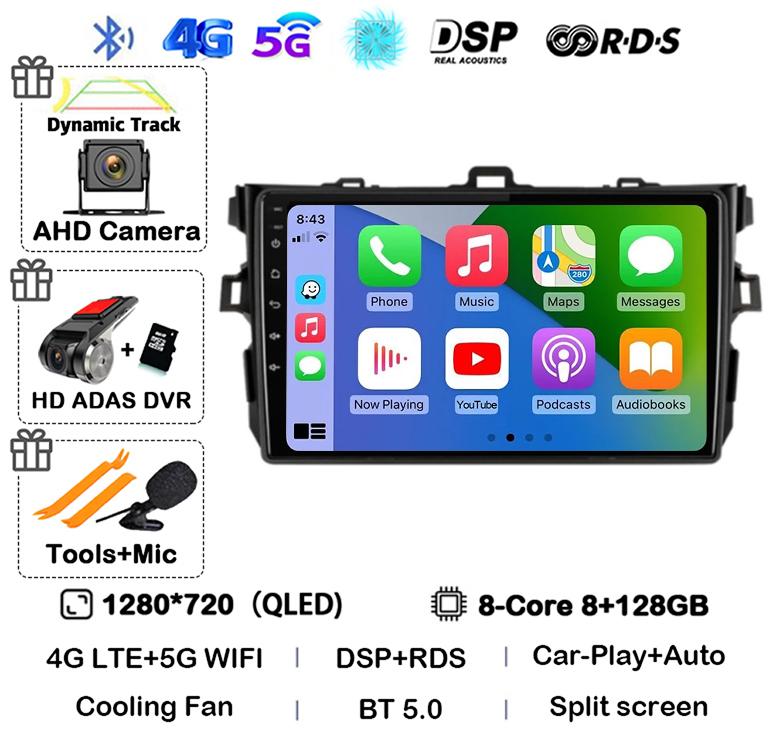 Android 14 Carplay Auto Car Radio For Toyota Corolla E140/150 2007 2008 2009 2010 2011 2012 2013 Multimedia Player Stereo GPS 4G