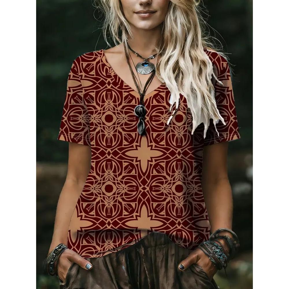 Fashion Versatile Flower Printed V-Neck Top Women's Short Sleeve Casual Comfortable T-Shirts Women’s