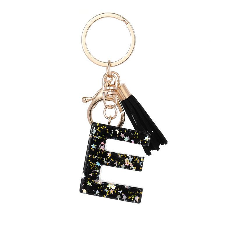 Black Glitter Star Sequins Resin 26 Letters Keychain Initials A-Z Keyring Tassel Charm Accessories Backpack Hanging Decoration