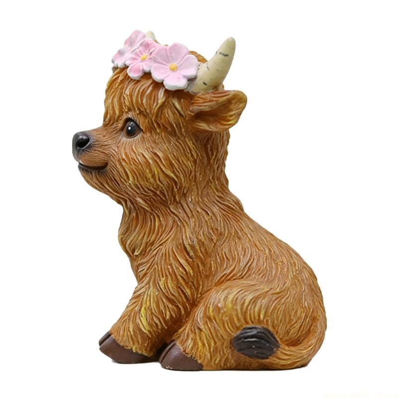 QX2E Detailed Scottish High Land Cow Resin Figure with Bowknot For Calf Lover Party Gift
