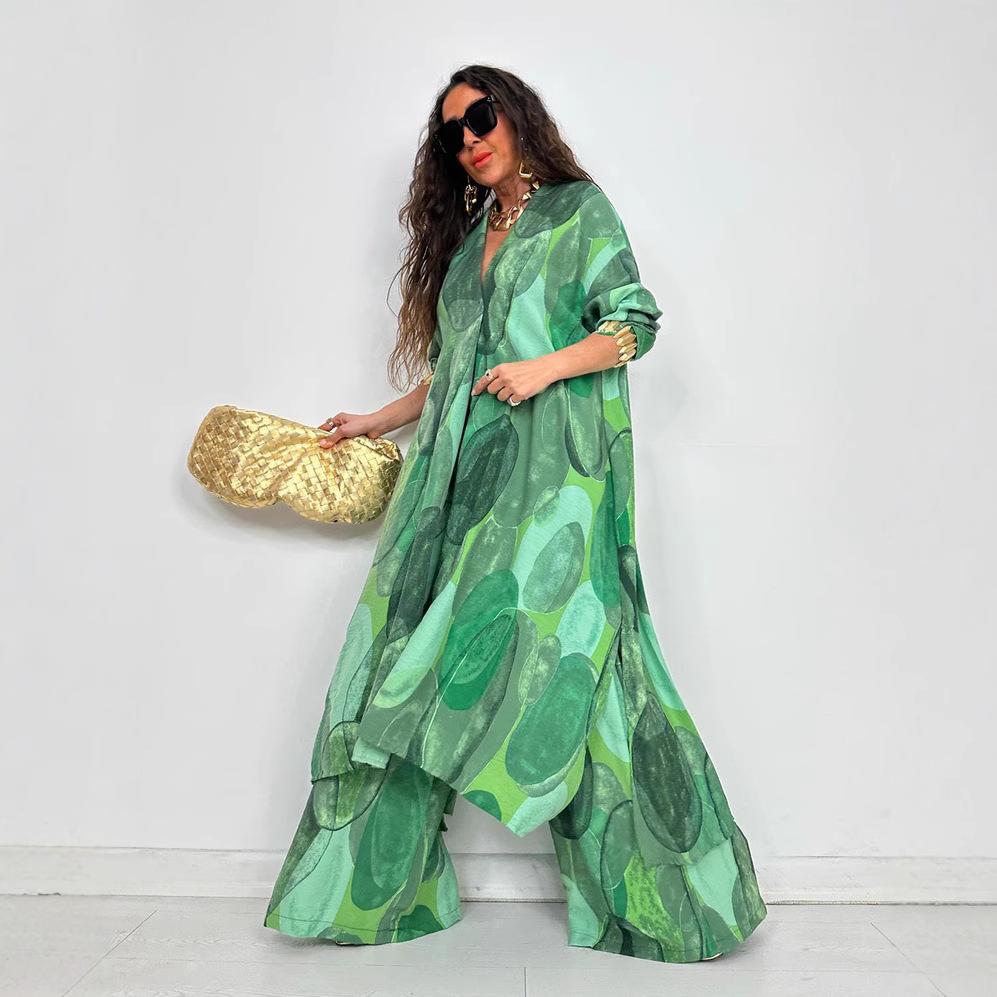 Autumn New Women's Lapel Printed Mid-length Top and Wide-leg Pants Two-piece Set