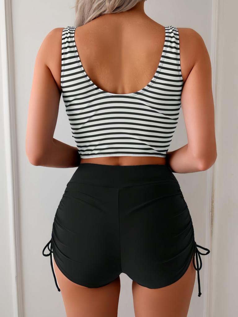Sexy Drawstring Side High Waist Bikini Set Women Black Stripe Push Up 2 Piece Swimsuit Summer Holiday Bathing Suit
