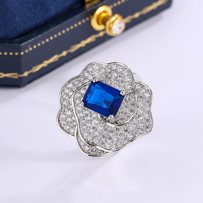 Blue Square Diamond Flower Design Adjustable Ring Light Luxury Shiny AAAA Full Diamond High Sense Women's Jewelry
