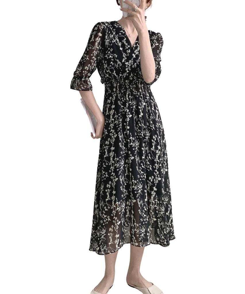 Dep Club Chiffon Long Summer Relaxed Short Floral Women's Dress, Sleeve, A-Line, Casual, Dress, Fit, Long, Sleeve, 5/8 Sleeve, Print, Spring/Summer