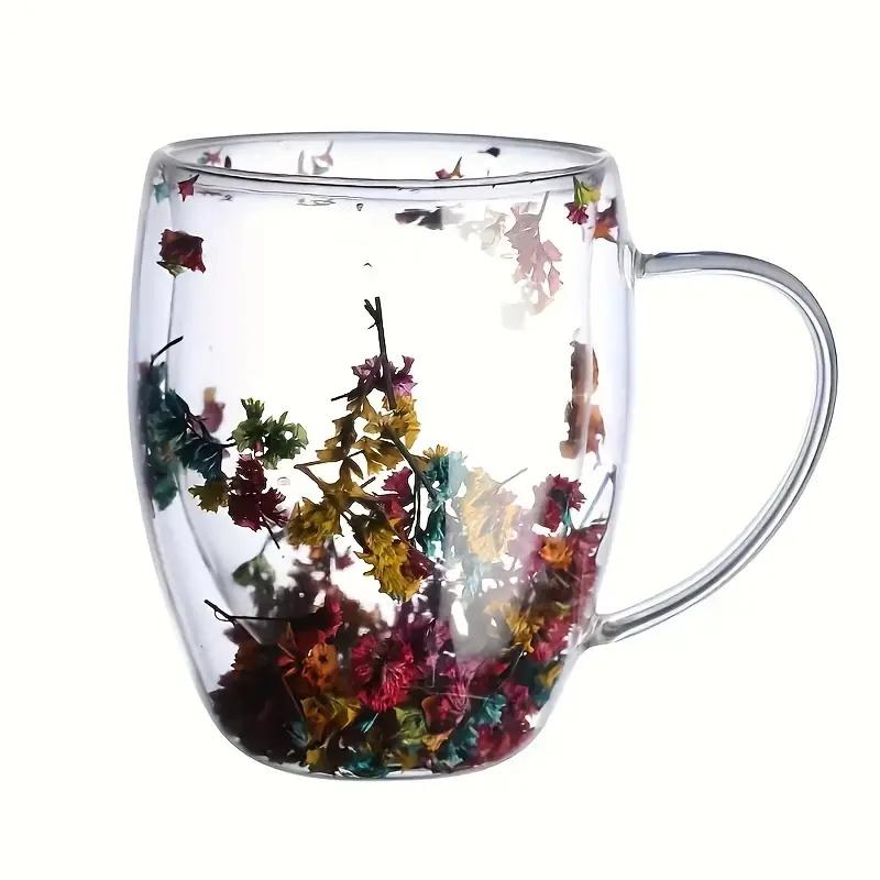 4 Pieces, Flower Inside Glass Coffee Cup, 350ml/11.83oz Double Walled Espresso Cup, Insulated Quicksand Water Cup,summer