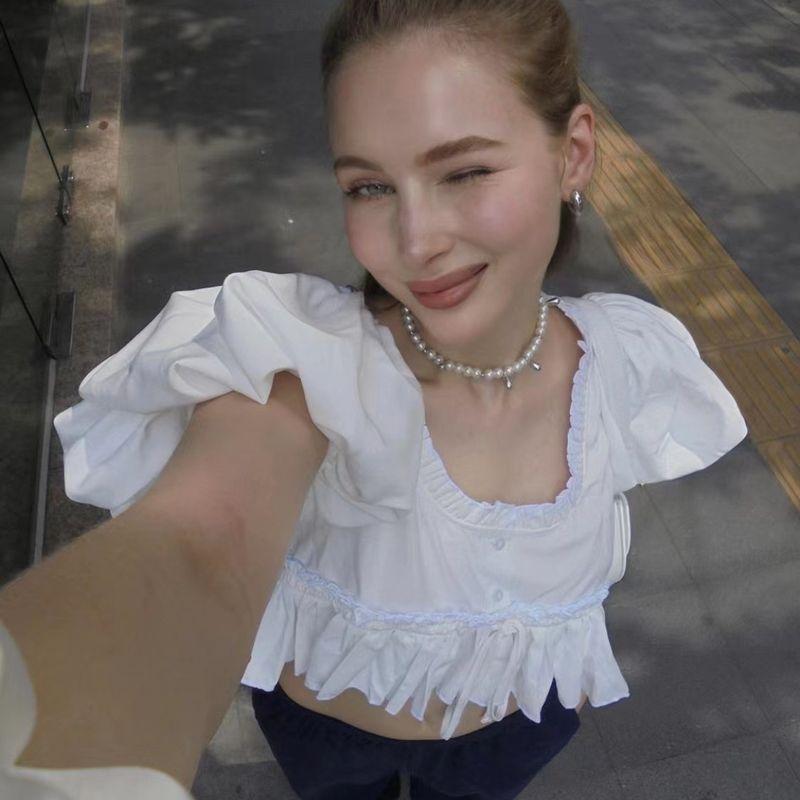 Za Summer New Arrival Women's Clothing Fashion Style Fashion Puff Sleeve Bows Wooden Ear Pleated Drawstring Small Top