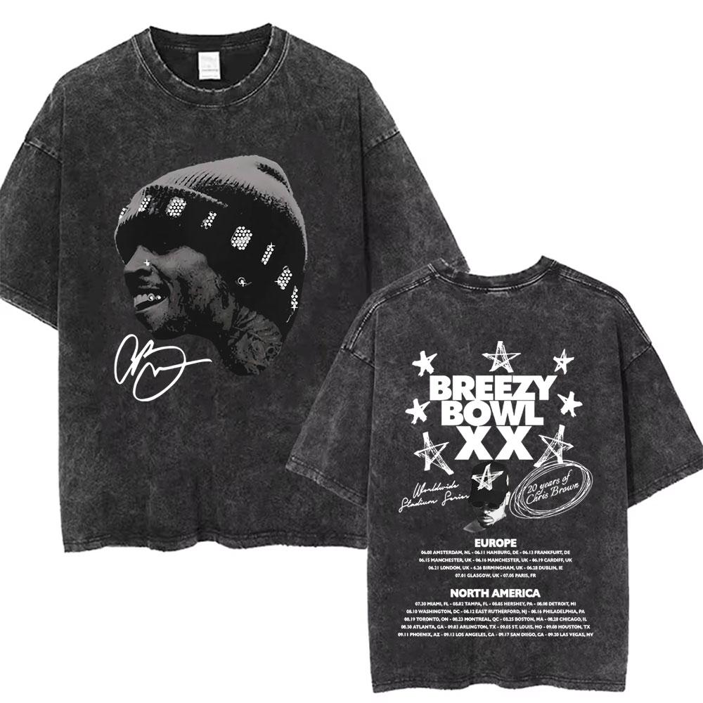 Retro gewaschen Chris Brown Breezy Bowl XX Tour Grafik T-Shirts Herren Hip Hop Mode Freizeit-T-Shirts Unisex Sommer Baumwoll-T-Shirts