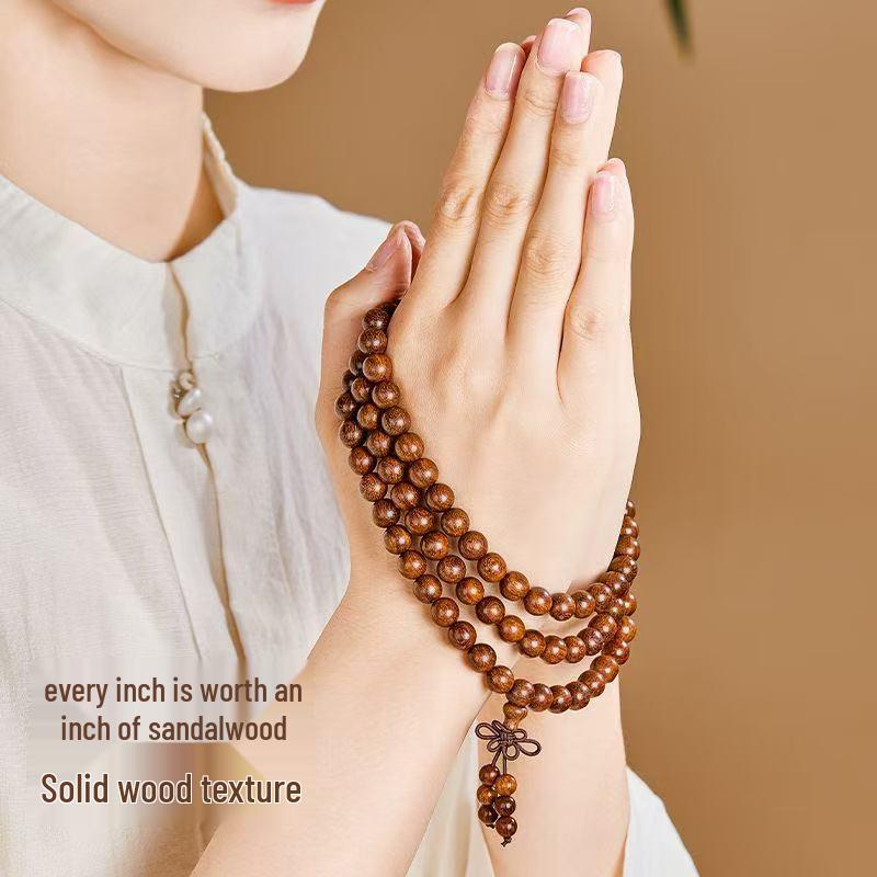 Golden Sandalwood Buddhist Prayer Bracelet: 108 Green Sandalwood Beads