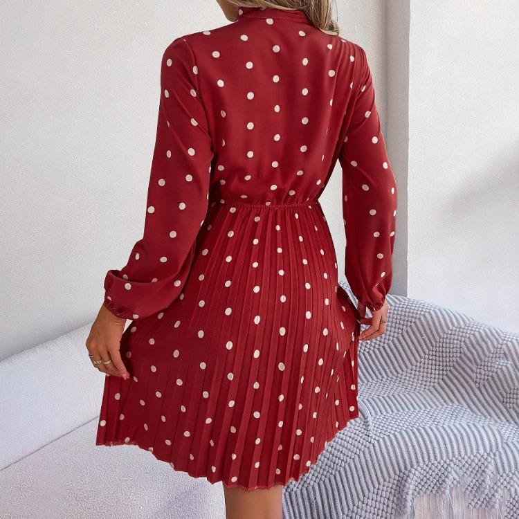 High Waist Women's Long Sleeve Dress Lace Up Pleated Dot Temperament Autumn Winter