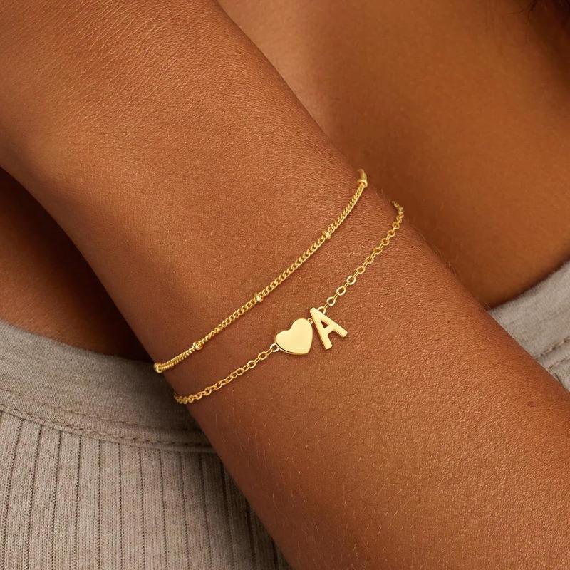 Initial Bracelets for Women Girls Waterproof 18K Gold Plated Stainless Steel Heart Initial Bracelet Trendy Stuff Jewelry Gifts