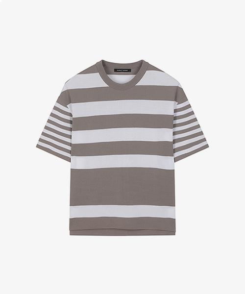 Garnet Homme Gbs37213 Beige Semi-Oversized Striped Short Sleeve Knit 105