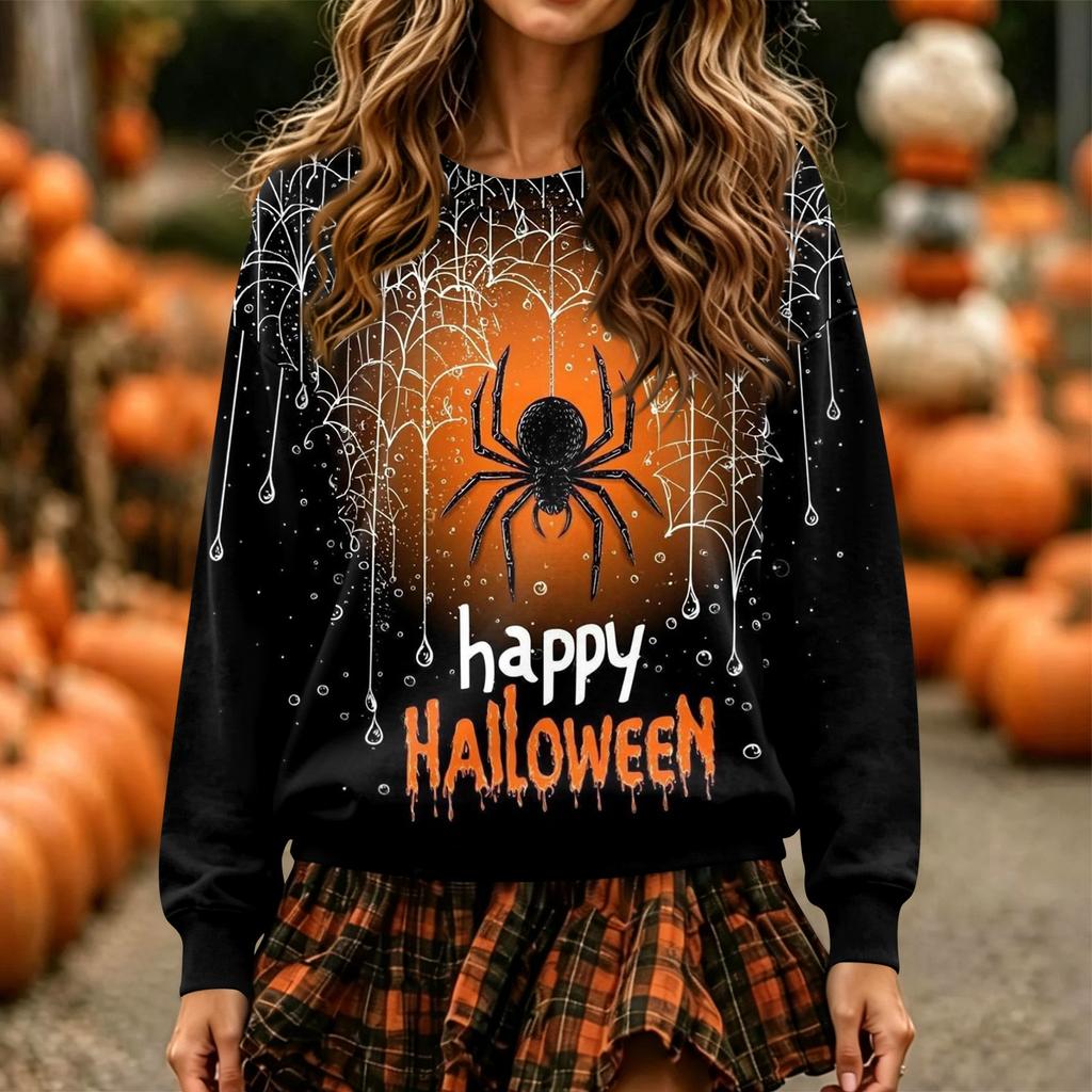 Women's Halloween Print Long Sleeve Neck Pullover Sweatshirt