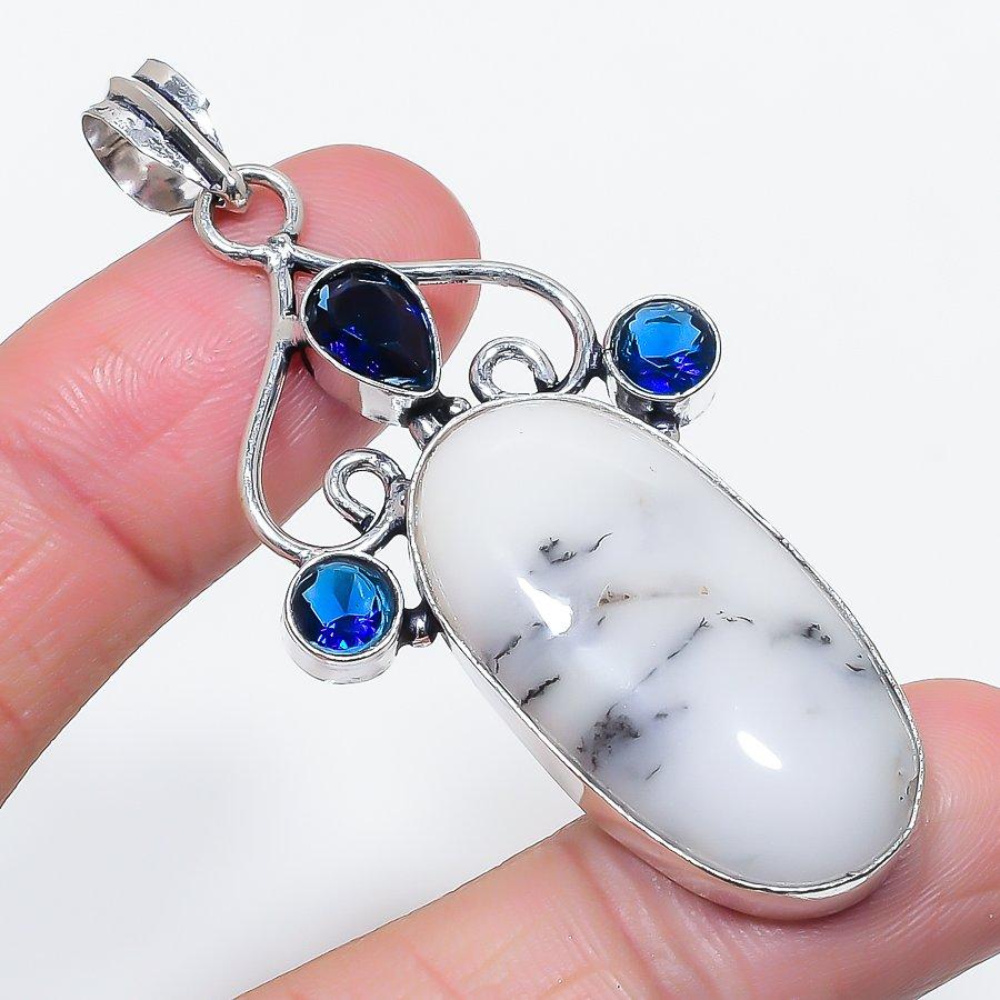 Natural Dendrite Opal, Topaz 925 Sterling Silver Jewelry Pendant 2.60" q1b59