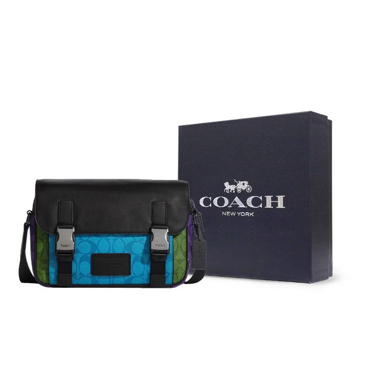 New COACH Track Cow Leather Patchwork Messenger Bag, Shoulder Bag, Crossbody Bag Tubas Unisex Black & Blue C9839-QBO3H