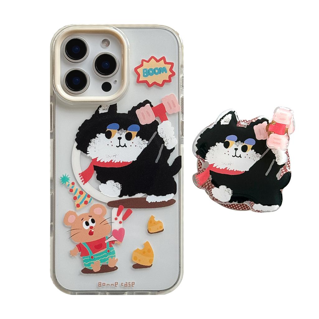 Magnetic Cartoon 16promax Transparent IPhone 15 Mobile Phone Case Suitable for 13 Hammer Cat Rotating Bracket 14 Soft