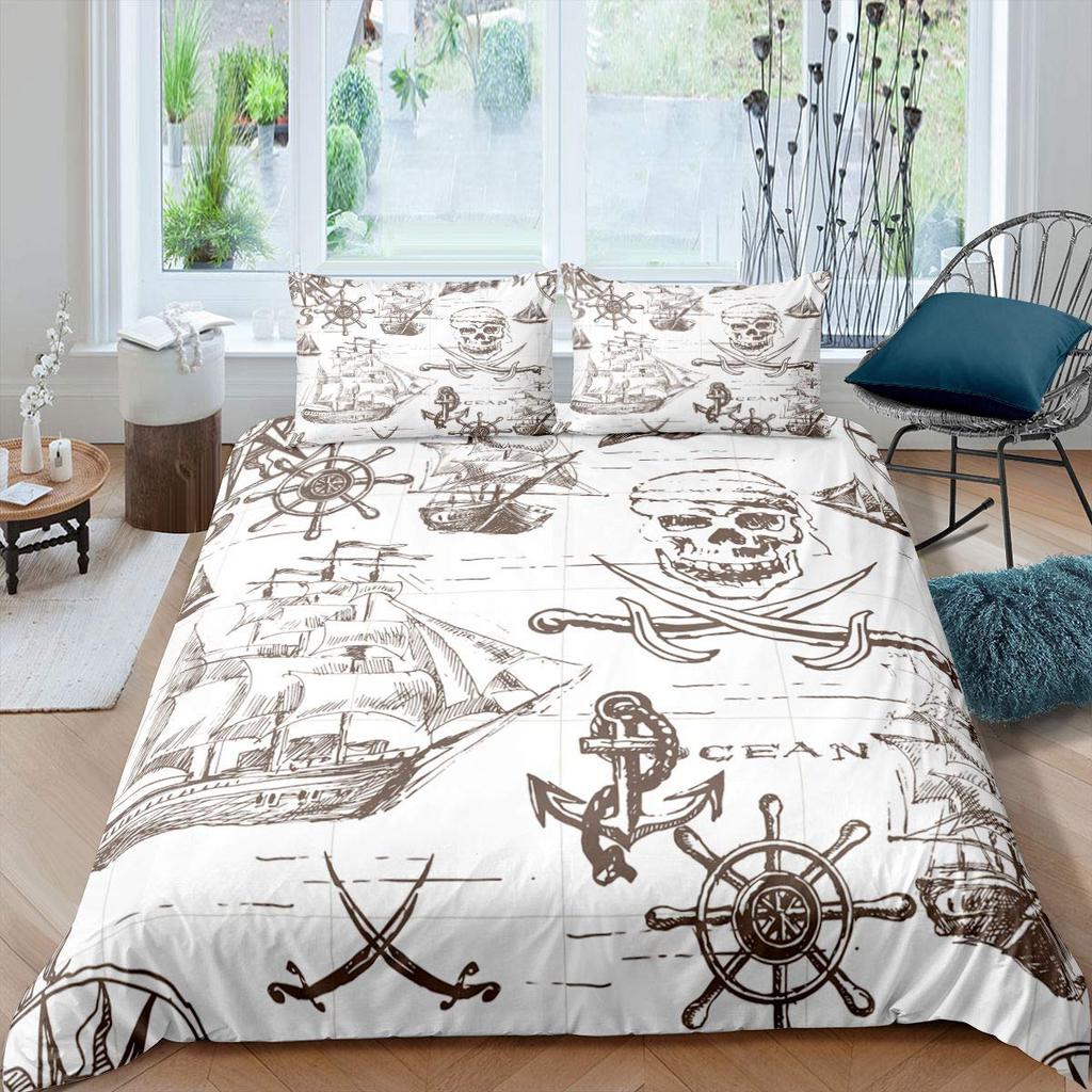 Pirates Skull Duvet Cover Sets for Boys Kids Men Teen Queen Lightweight Bedding Sets Nautical Bedding Set Bedroom Decor No Quilt
