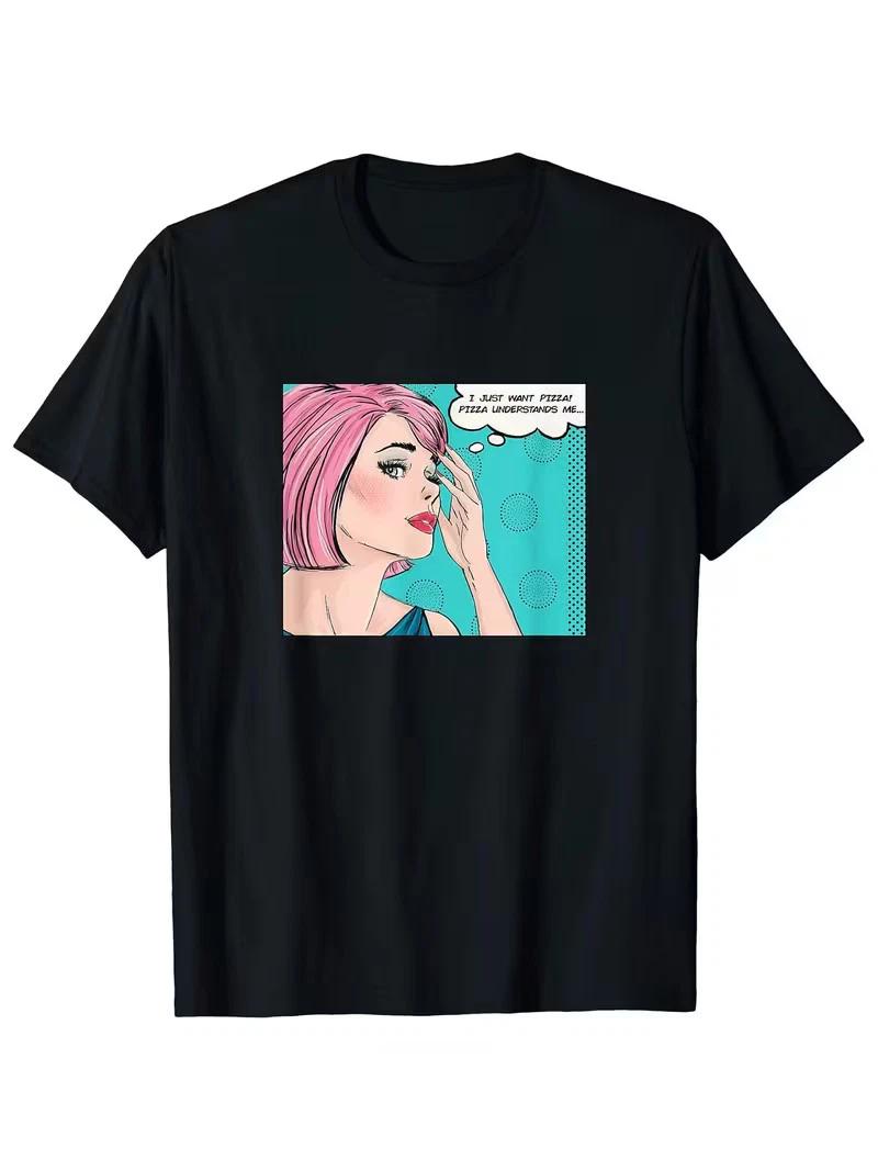 Men s 100% Cotton Crew Neck T-Shirt with Quirky Pink-Haired Woman Illustration - XL