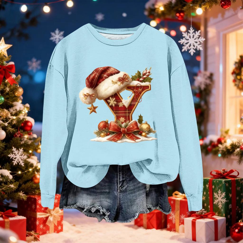 Women's Fashionable Casual Long-Sleeved Christmas Letter Print Crew-Neck Sweatshirt