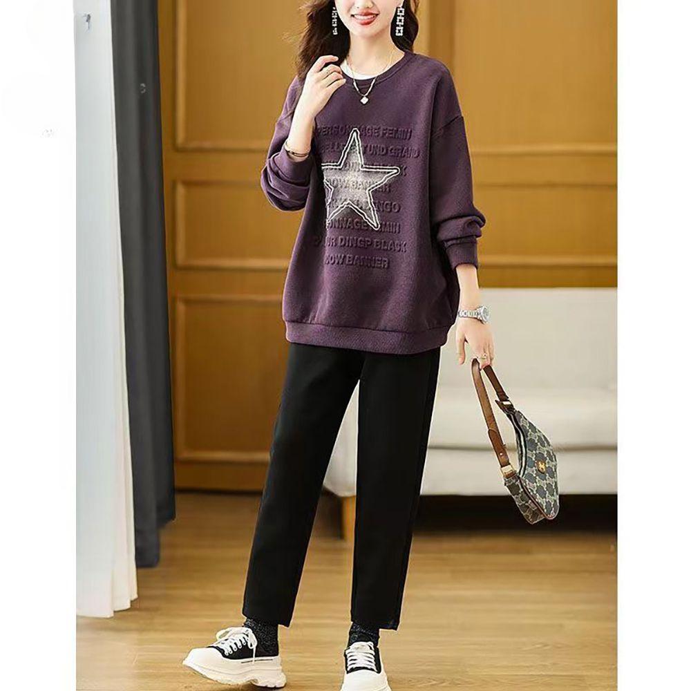 Fashion Women Letter Print Plus Size Star Hoodie Loose Round Neck Sweatshirt for Autumn
