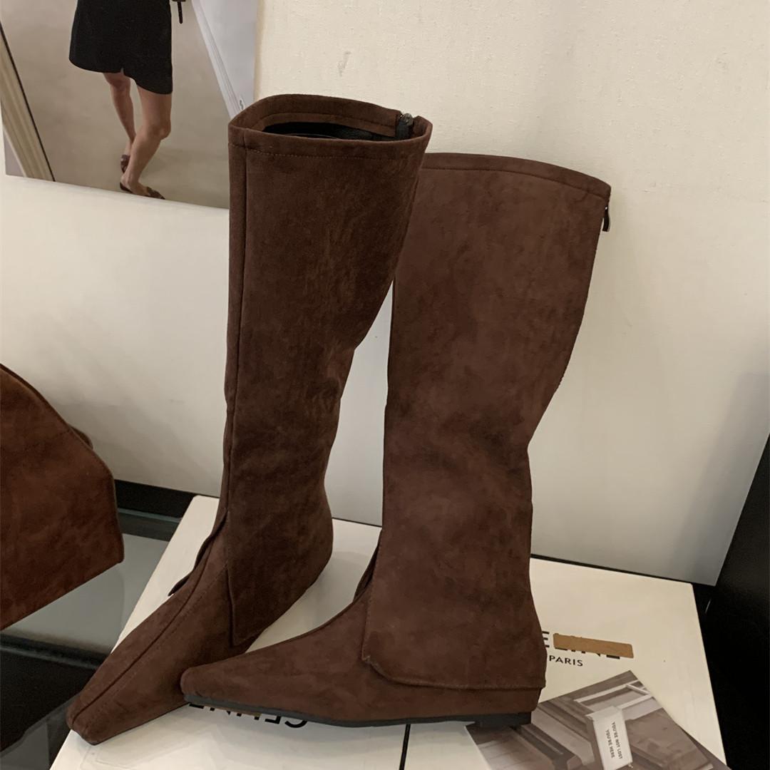 

Мода Bailamos Зимний Новый Бренд Женские Рыцарские сапоги Мода Острый Носок Слипоны Сапоги до колена Тонкий Низкий Каблук Длинные Сапоги Обувь 39 коричневый