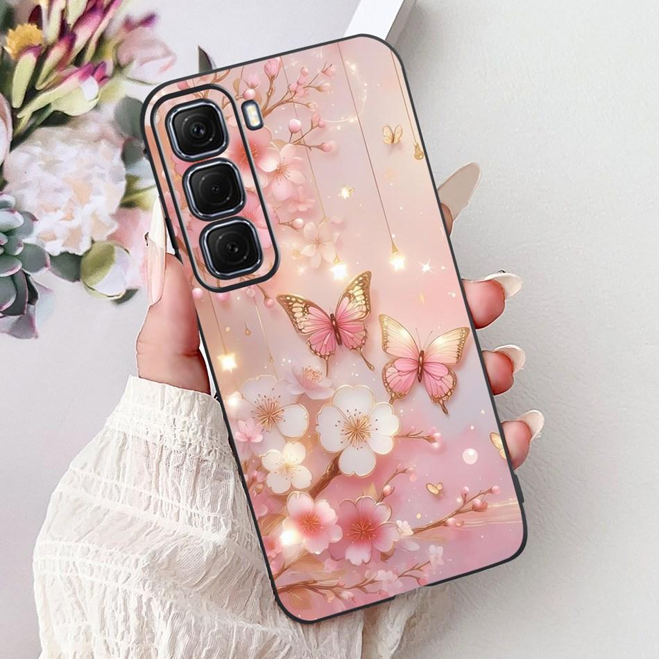For Infinix Hot 50 4G Phone Case Hot 50 Pro+ 4G Hot50 Pro Elegant Floral Cat Pattern Black Silicone Soft TPU Cases
