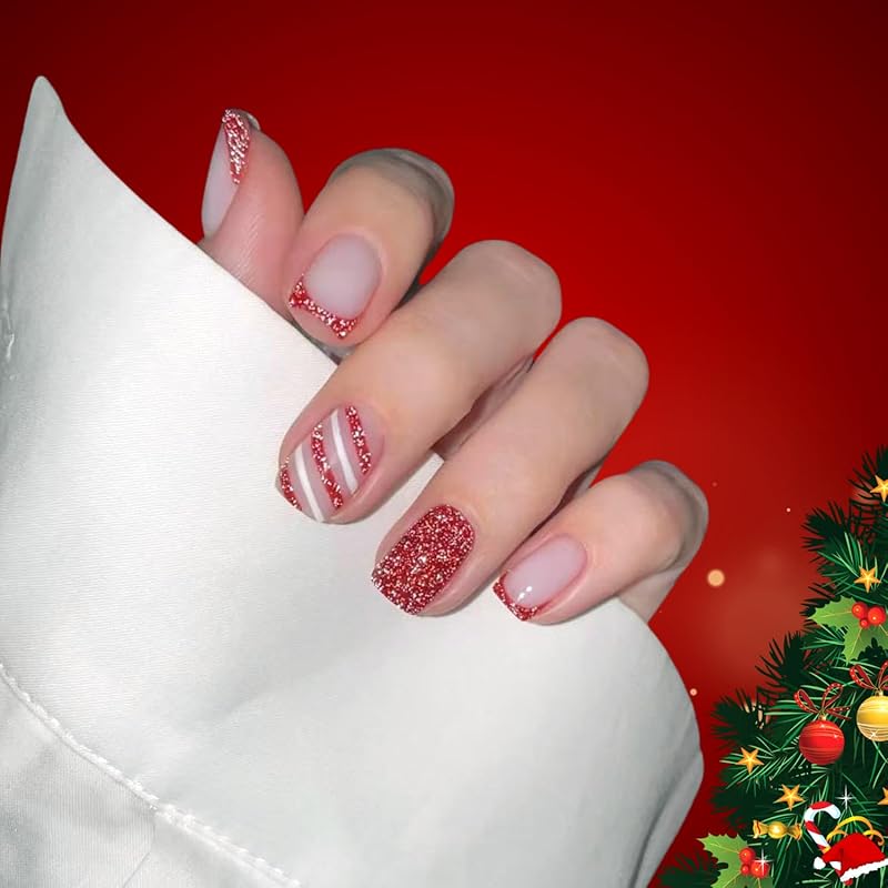 Christmas Press on Nails Short Square Red Fake Nails with Candy Cane Line Snowflake Glossy Designs Full Cover Press ons False Nails for Women 24 Pcs