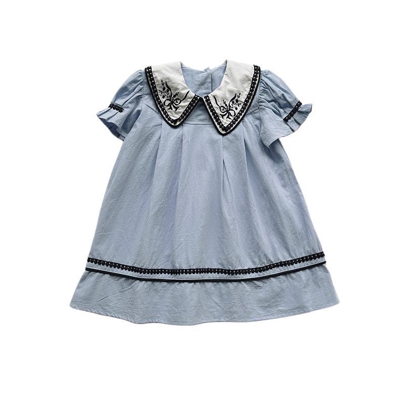 2026 Summer Girls' Princess Dress: French Embroidery with Lace Puff Sleeves and Doll Collar