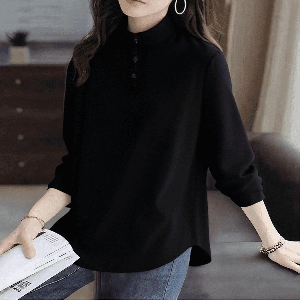 Women's Plus Size Long-Sleeve T-Shirt with Stand Collar and Lapels - De Rong Base Layer, Autumn/Winter Style for a Slimming Look