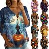 Womens Casual Halloween Print V Neck Button 3/4 Sleeve Top Lightweight Loose Fit Tunic Blouse for Fall Seasonal Wear
