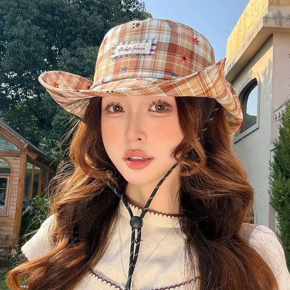 Fashion Star Women Sun Hat Wide Brim Breathable Plaid Fisherman Hat Sun Protection Japanese Style Sunscreen Bucket Hat Riding