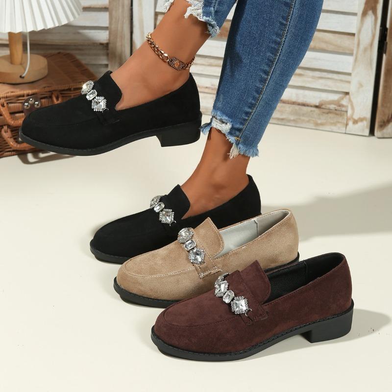 2025 Autumn New Rhinestone Suede Low-Top Shoes Thick Heels British Loafers Women