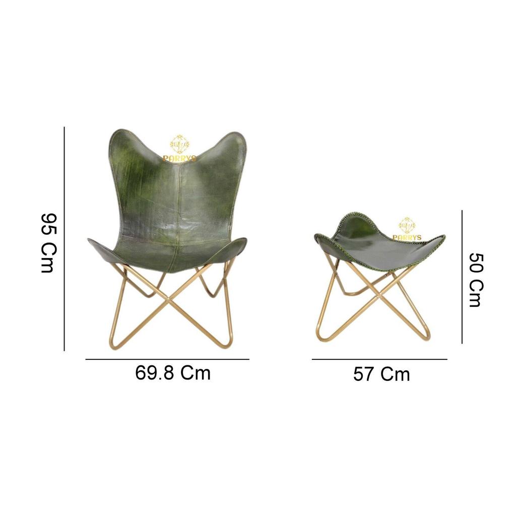 Green Leather Butterfly Chair & Ottoman - Handmade Relaxing Chair/Stool
