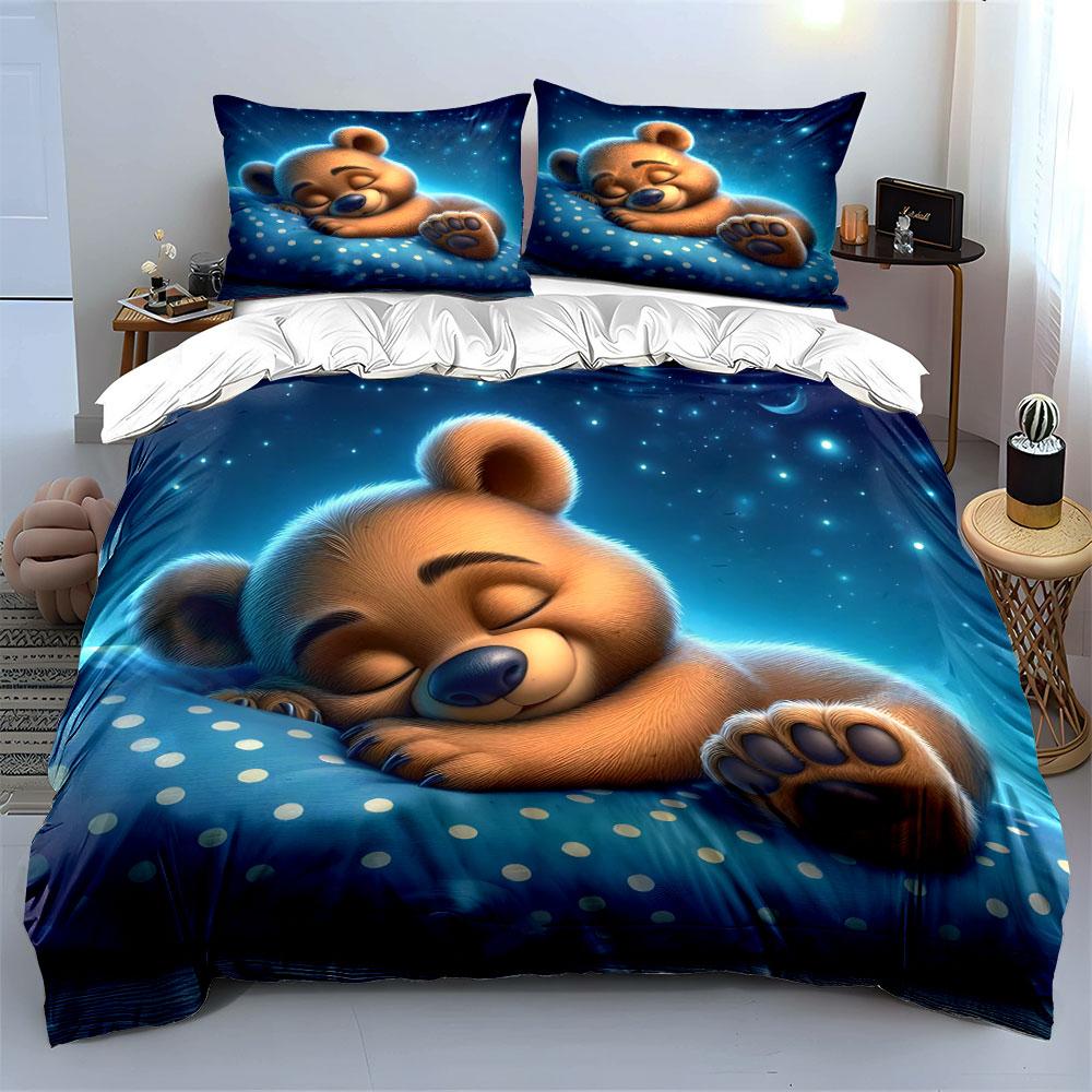 Sleeping Bear Under Dreamy Night Sky Print Bedding Set 1 Duvet Cover 2 Pillowcases for Adult and Children Luxury Gift Full Size