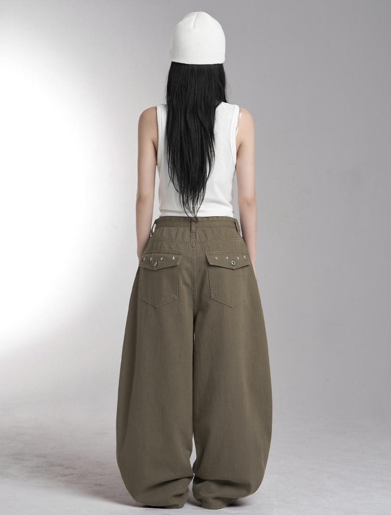Lupeu Studded Back Pocket Cotton Balloon Long Pants Brown