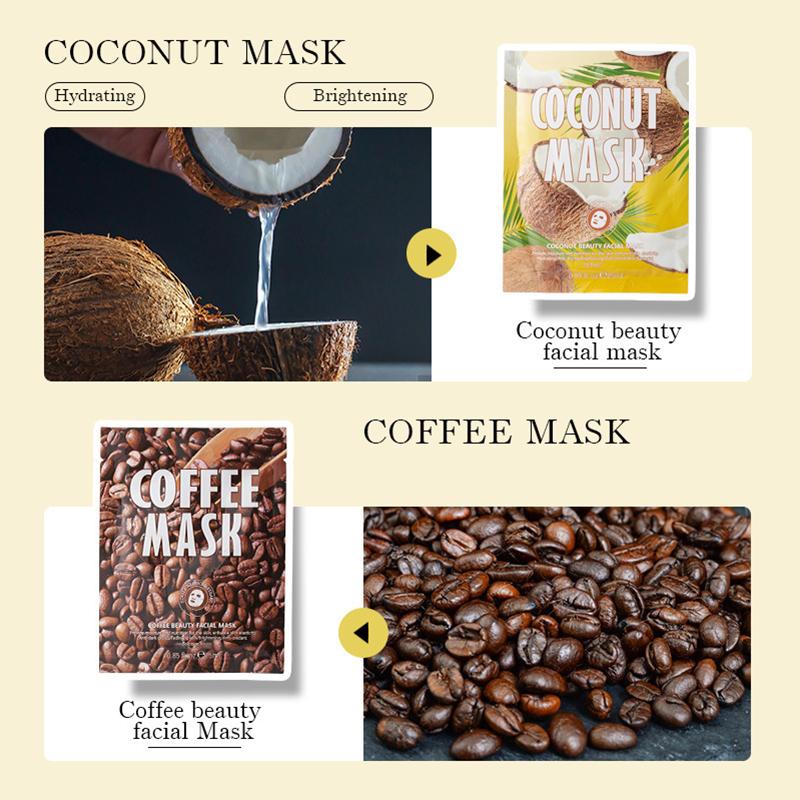 12 Sheet Masks Gift Set – 6 Varieties: Honey, Turmeric, Coconut, Coffee, Cucumber & Rose, Nourish, Brighten, Hydrate, Glow | For All Skin Types