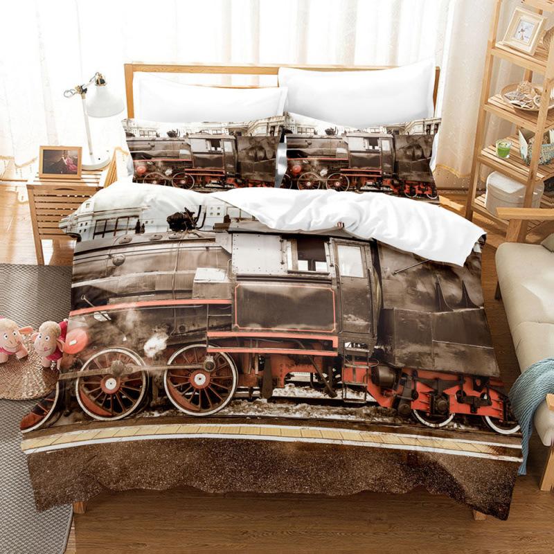 Steam Locomotive, Old-Fashioned, Shabby Train, Transportation, Digital Printing, Three-Piece Bed Sheet