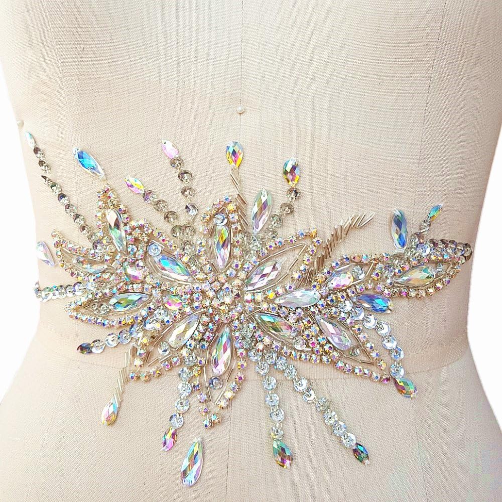 Exquisite Uniquely Pure Handmade AB Colour Bright Crystal Patches Sew-on Rhinestones Applique with Stones Sequins Beads for Wedding Dress DIY Manual