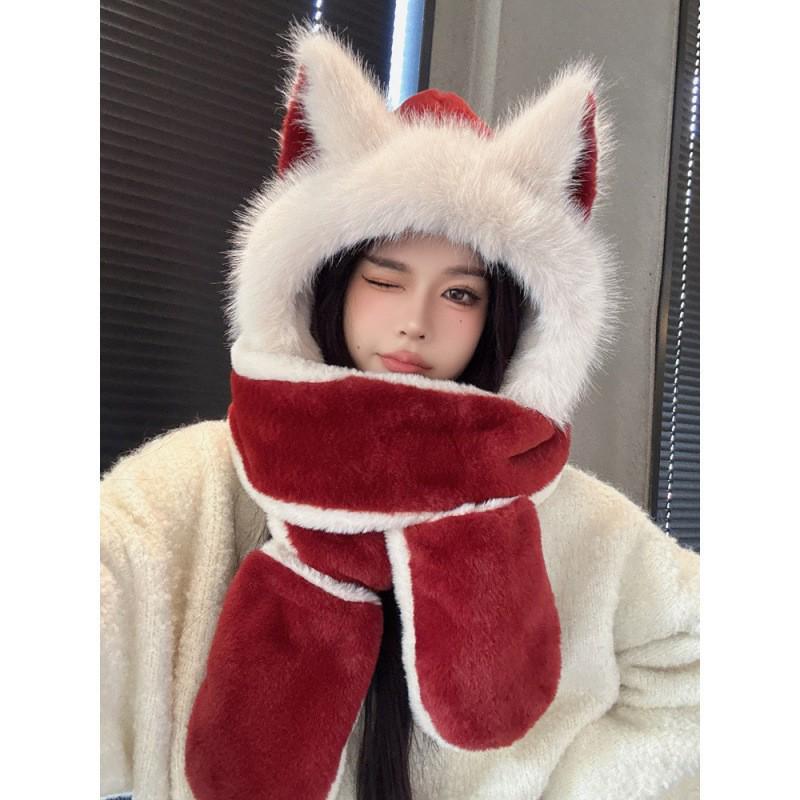 Gemütliches Fuchs Plüsch 3-in-1 Set: Mütze, Schal & Handschuhe – Warmer Kapuzen-Nackenwärmer für den Winter