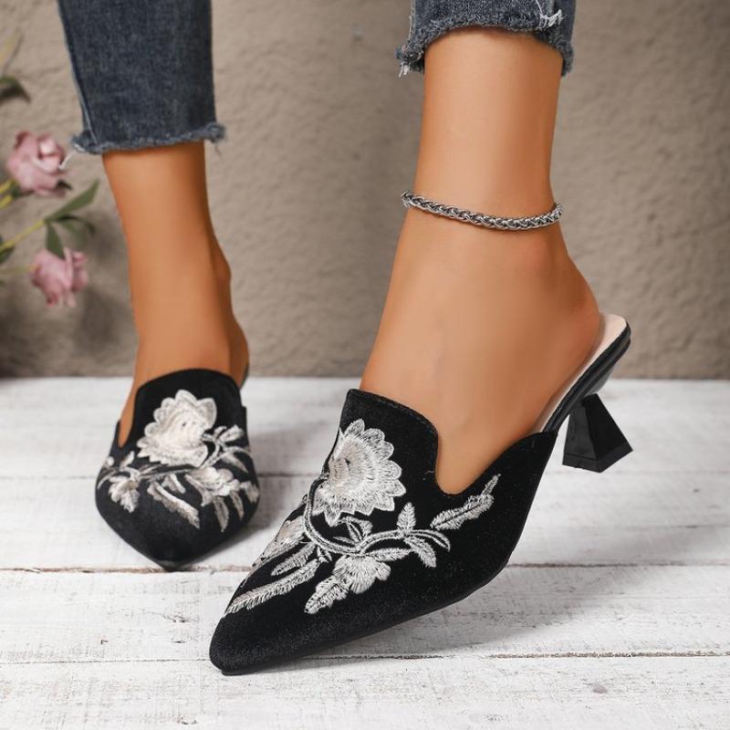Fashion Satin Embroidered Flower Stiletou Slippers Autumn New Pointed Toe Deep Mouth Slip-on Non-Slip Heels