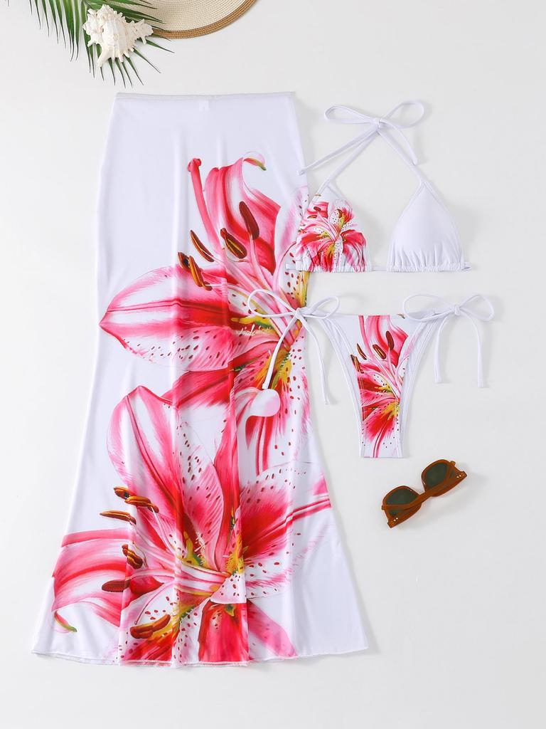 2026 European & American Women's Printed Long Skirt Split Bikini Three-Piece Swimsuit