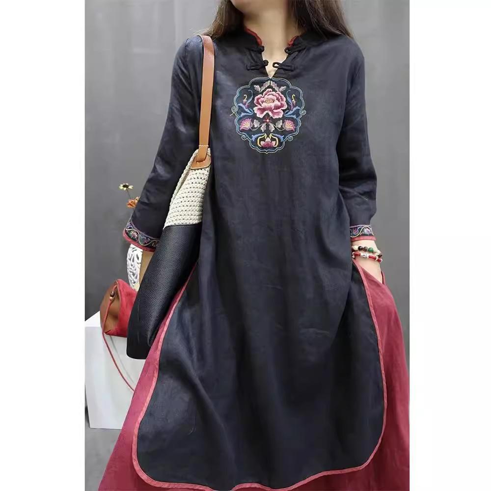 Women's Chinese Style Floral Embroidered Linen Midi Dress Mandarin Collar 3/4 Sleeve Loose Casual Ethnic Dress