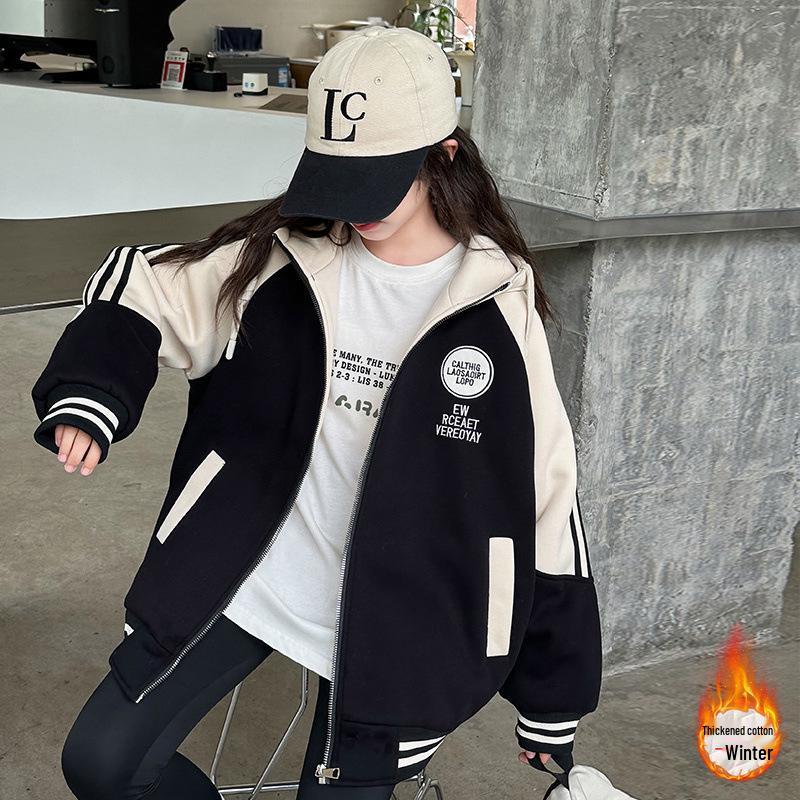 Girls' Winter Casual Coat 2025: Trendy Zip-Up with Round Logo, Thickened for Warmth