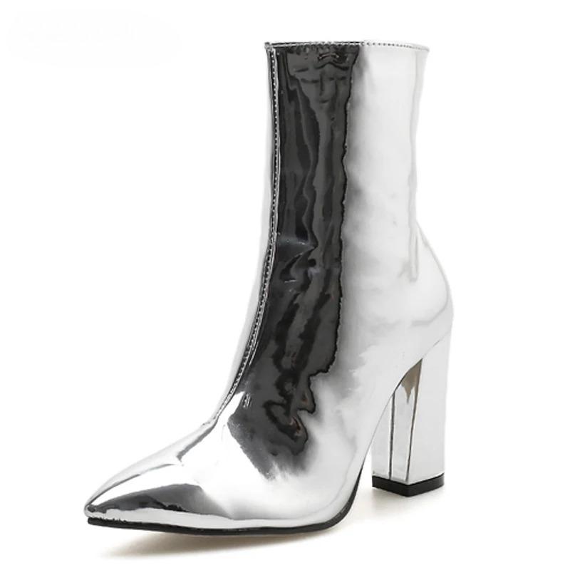 Fashion Sexy Pointed Toe Patent Leather Ankle Boots Women Fashion Gold Silver Chunky High Heels Chelsea Botas Mujer Side Zipper Pumps