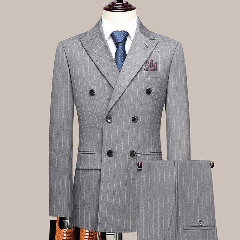 New Men's Slim Fit Double-Breasted British Stripe Suit - Perfect for Weddings & Groom Attire