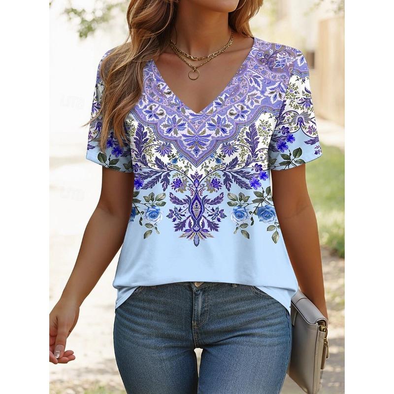 Women's T-Shirt Floral Pattern Printing Paisley Bohemian Style Retro Fashion Tees V-Neck Oversized Ladies Summer Clothing