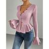 Women's Elegant Style T-Shirt Autumn Winter New V-Neck Ruffle Slim Fit Temperament Fleece Top
