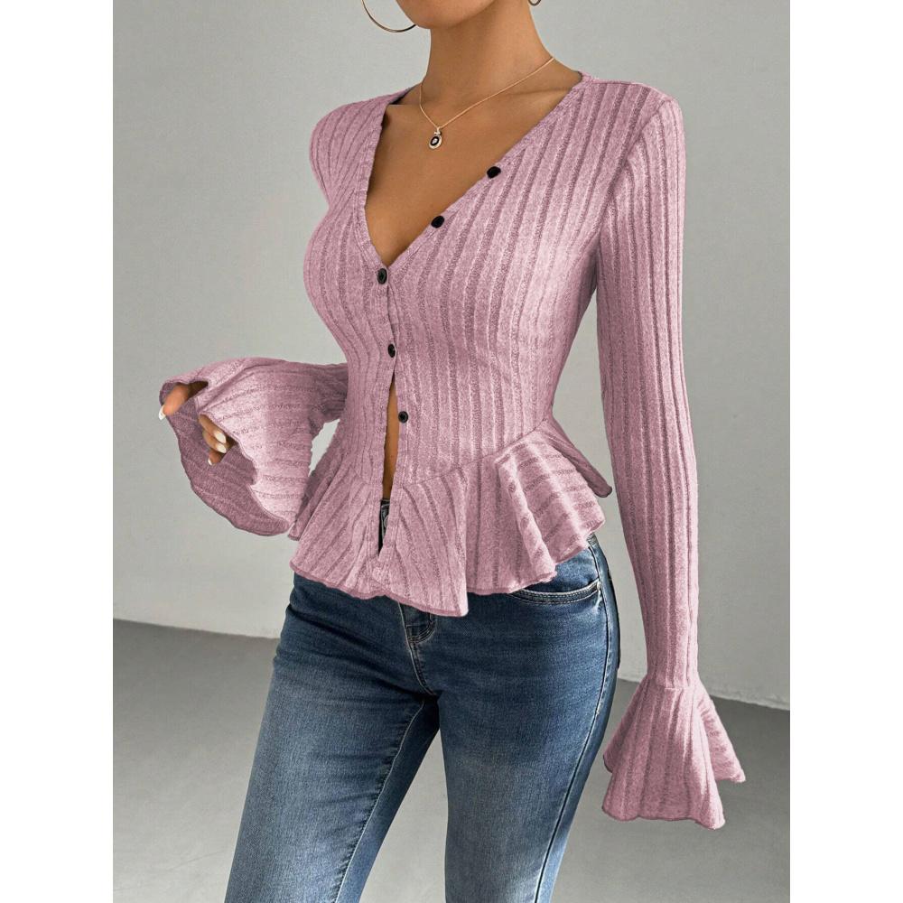 Women's Elegant Style T-Shirt Autumn Winter New V-Neck Ruffle Slim Fit Temperament Fleece Top